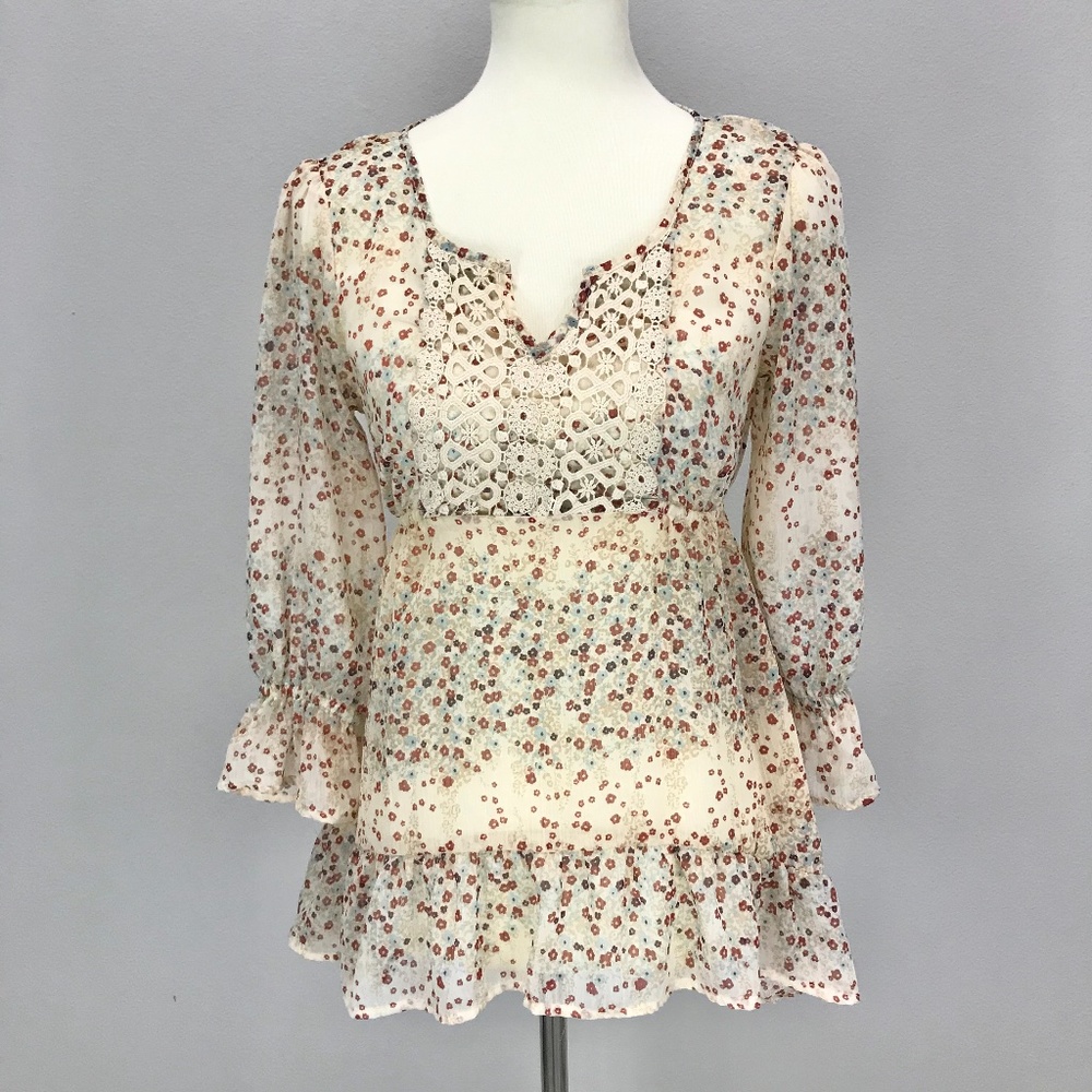 Decree Cream Floral Chiffon Lace Sheer Boho Blouse